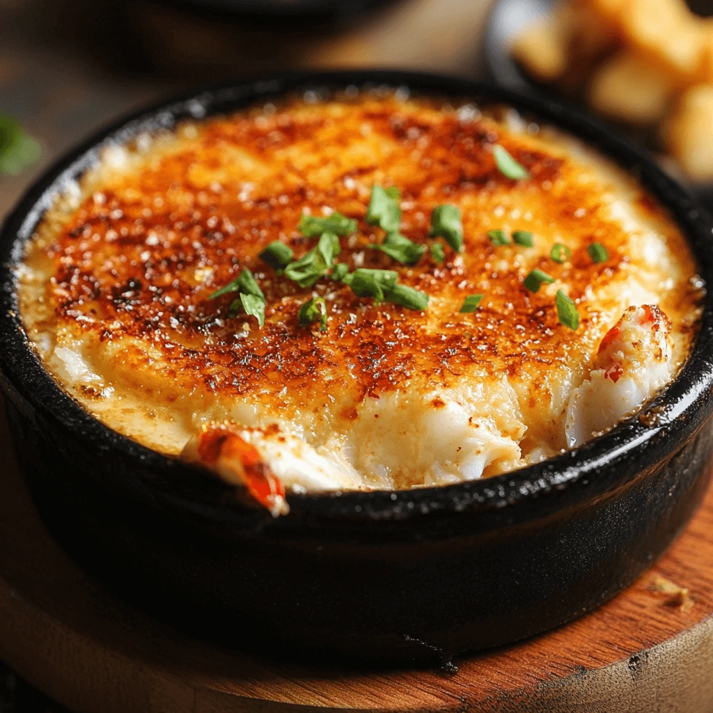 Elegant crab brulee served in a ramekin, topped with a caramelized sugar crust and garnished with herbs