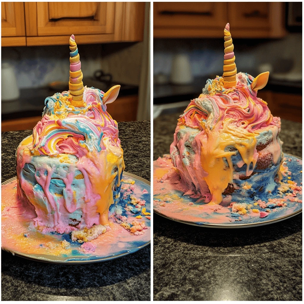 A beautifully decorated unicorn cake with rainbow frosting and a golden horn.