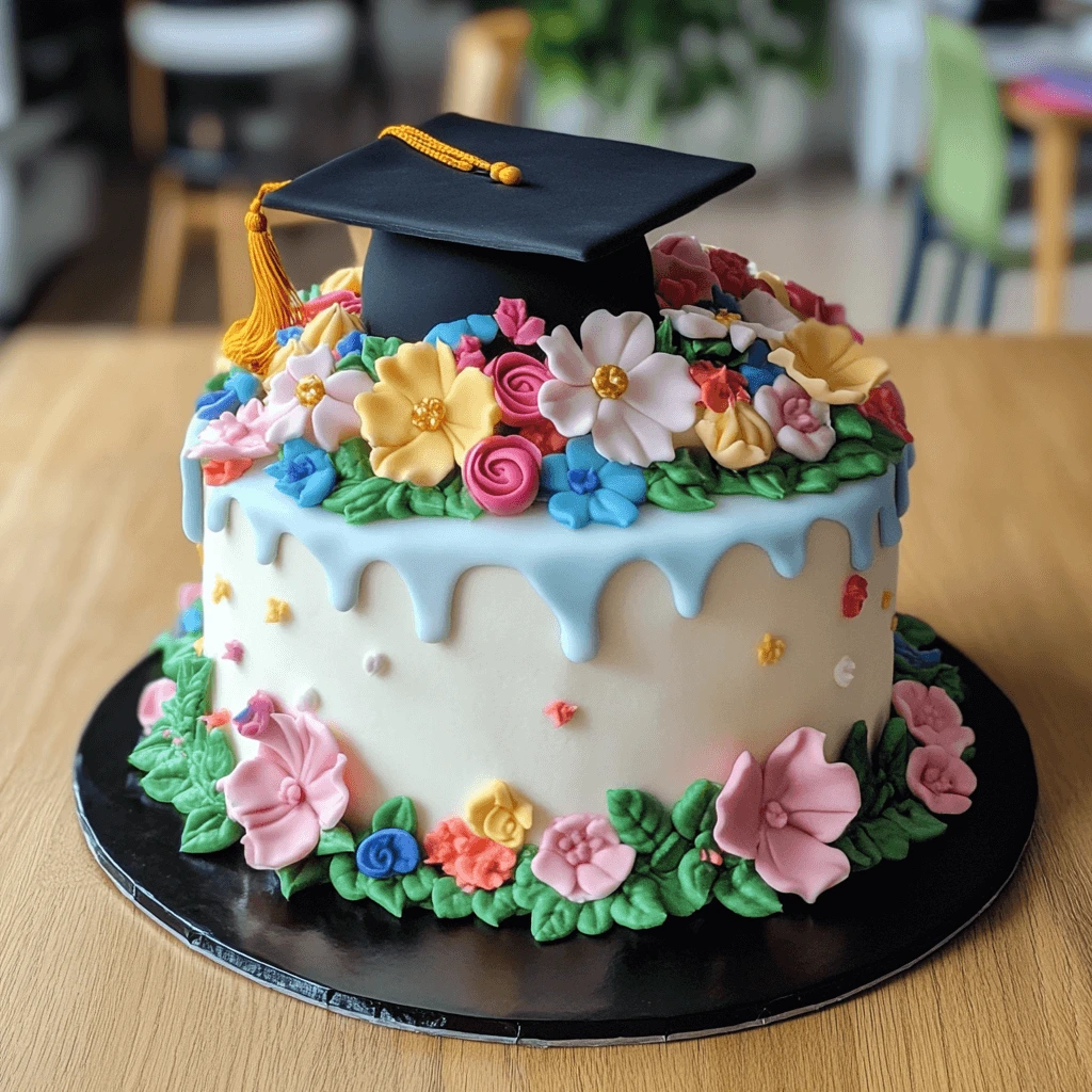 Graduation cake for a girl with a cap, tassel, and decorative flowers.