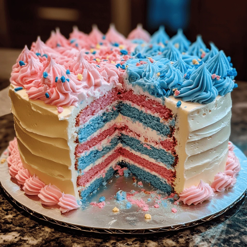 A beautifully decorated gender reveal cake with pastel pink and blue colors, topped with the words 'Boy or Girl?' in elegant icing