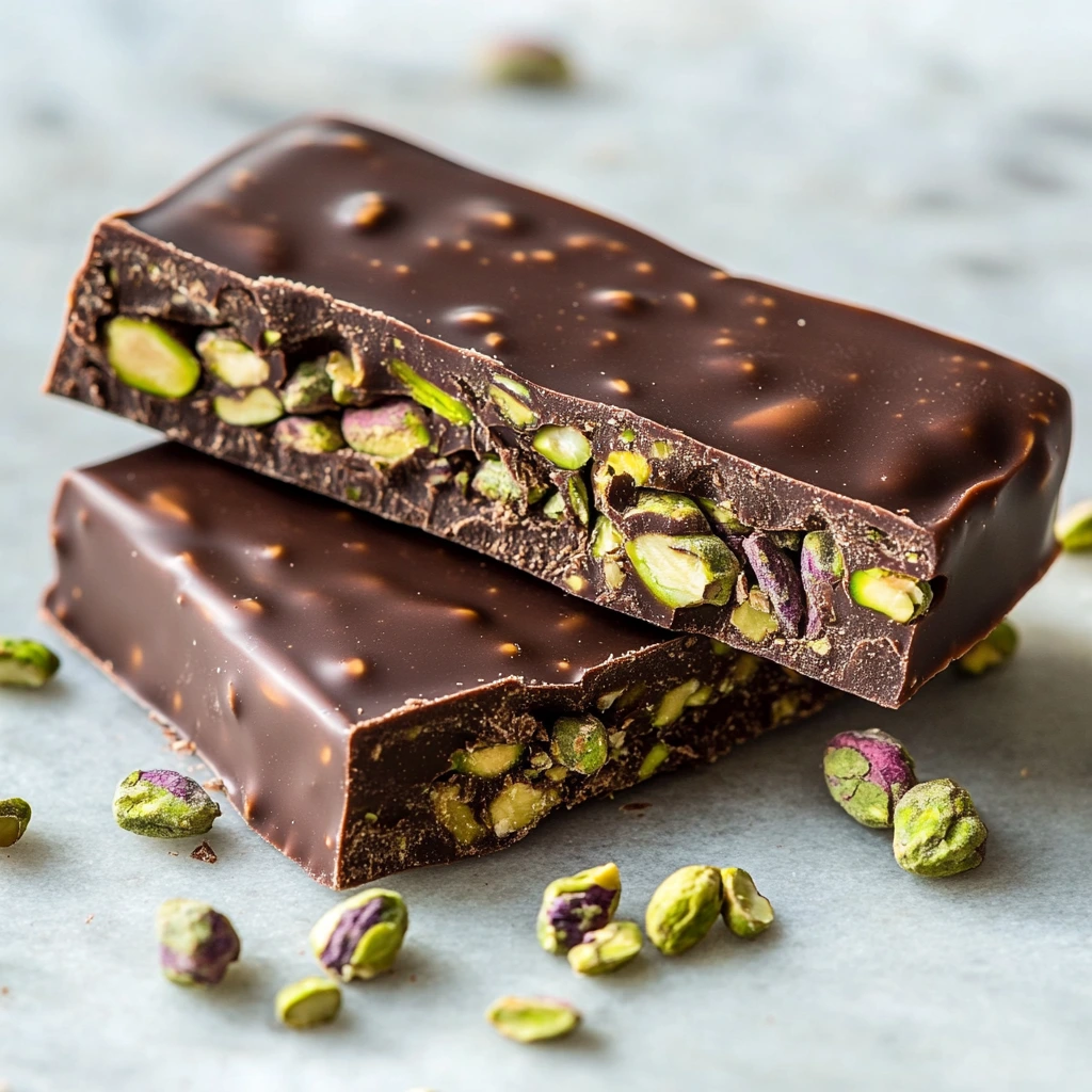 Close-up of dark chocolate pistachio bars with visible pistachio chunks.