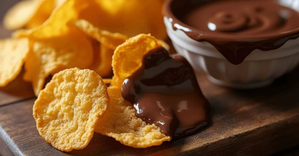 A close-up of crispy potato chips dipped in rich melted chocolate, creating the perfect chocolate covered chips snack.