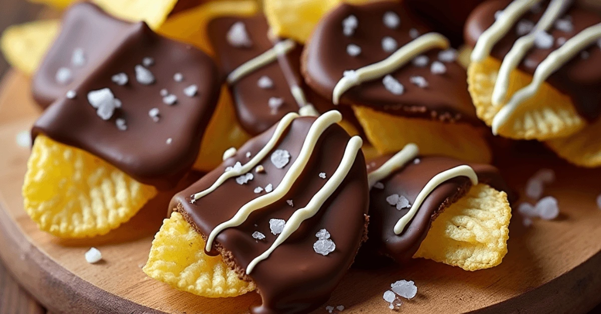 Chocolate-covered potato chips arranged on a wooden board, drizzled with dark and milk chocolate, with a sprinkle of sea salt.
