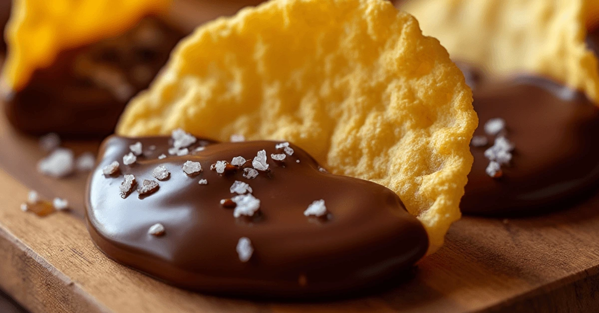 A plate of crispy potato chips partially dipped in rich, glossy chocolate, served by a smiling woman in a cozy kitchen setting.